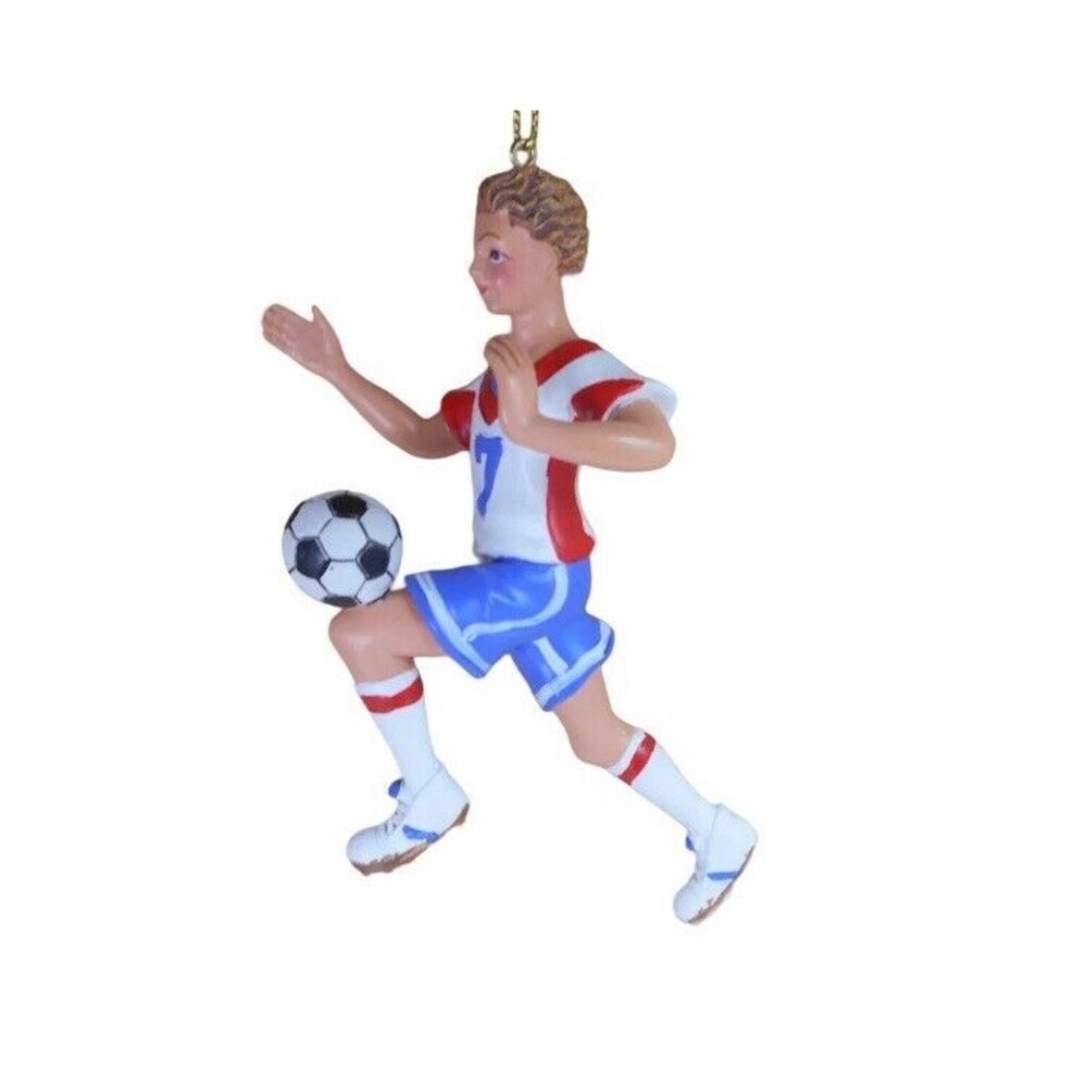 Silver Tree Ornament Male Soccer Player Christmas Red White Blue